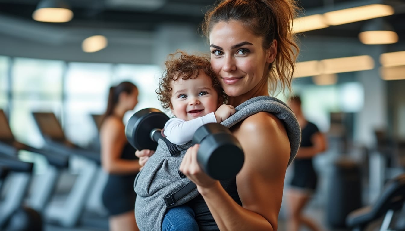 Mere portant son bebe dans un porte-bebe tout en soulevant un haltere en salle de sport