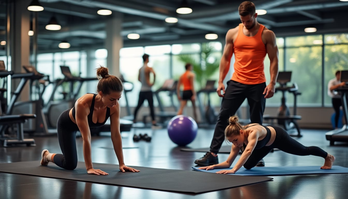 Coach supervisant deux femmes faisant des etirements au sol dans une salle de sport