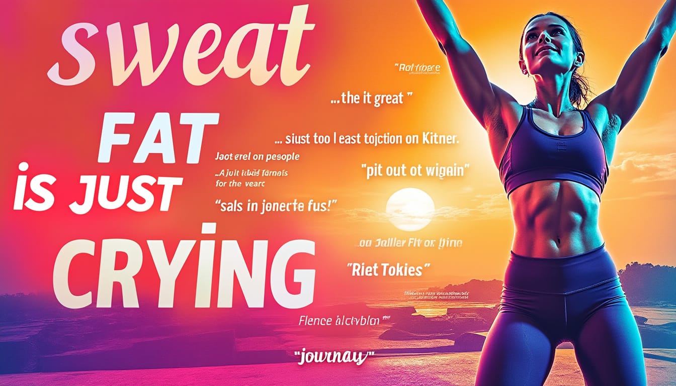 Femme sportive bras leves devant un coucher de soleil avec citations motivantes