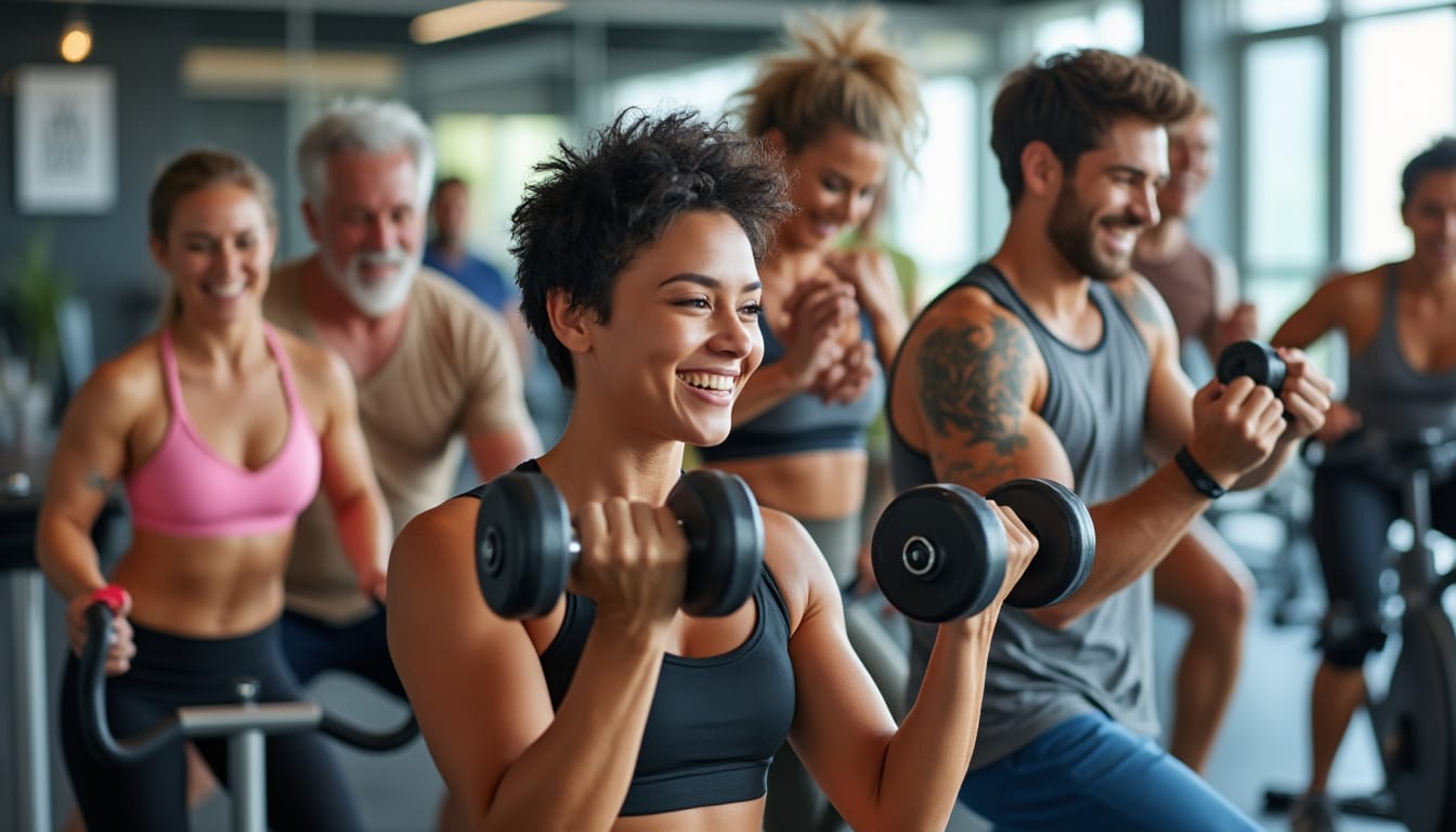 Femme souriante soulevant des halteres entouree de sportifs dans une salle de gym