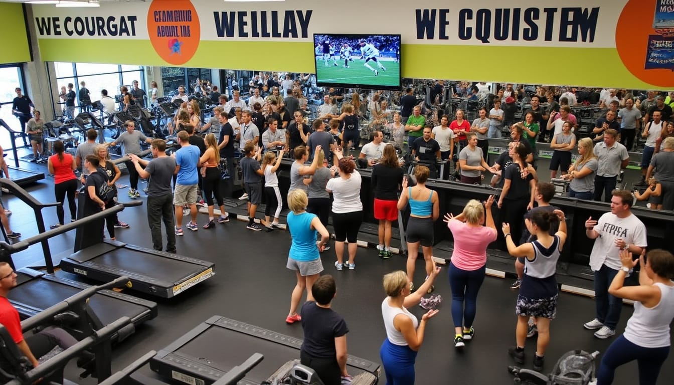 Foule de sportifs rassembles dans une salle bondee devant un ecran de television