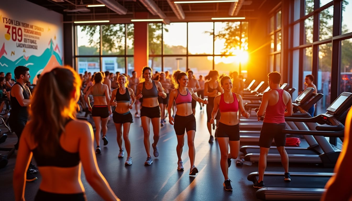 Groupe de sportifs courant et souriant dans une salle eclairee par le soleil couchant