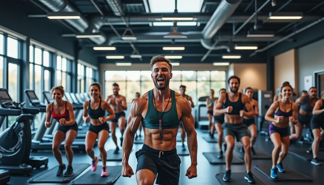 Coach dynamique menant un cours collectif de cardio dans une salle de sport