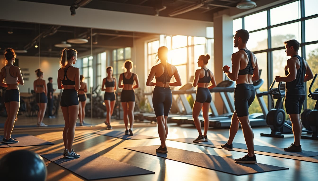 Sportifs debout sur tapis en contre-jour dans une salle au coucher de soleil