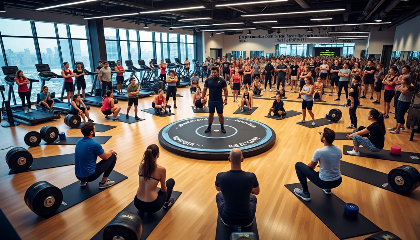 Coach debout au centre d'un groupe assis avec halteres dans une grande salle de sport