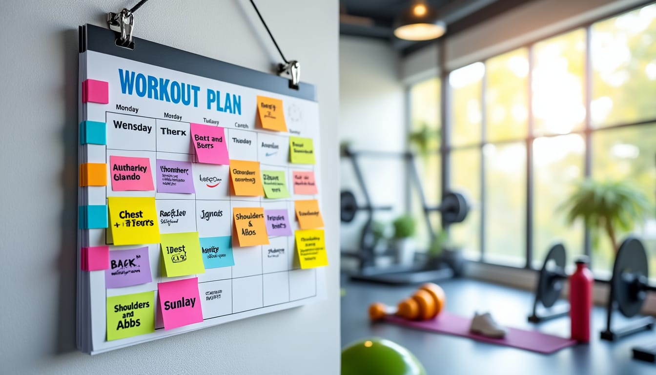 Planning d'entrainement hebdomadaire colore avec post-its dans une salle de sport