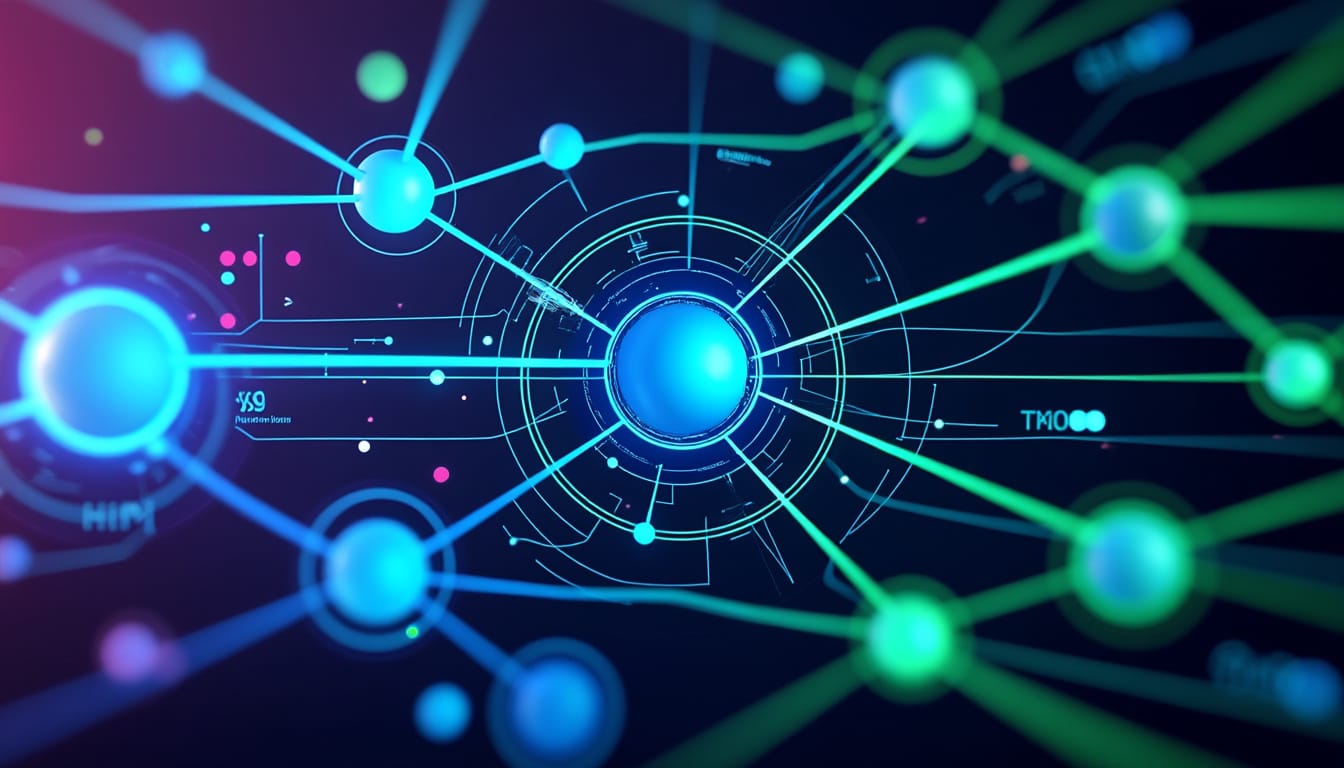 Visualisation abstraite de reseau numerique avec spheres lumineuses bleues et vertes