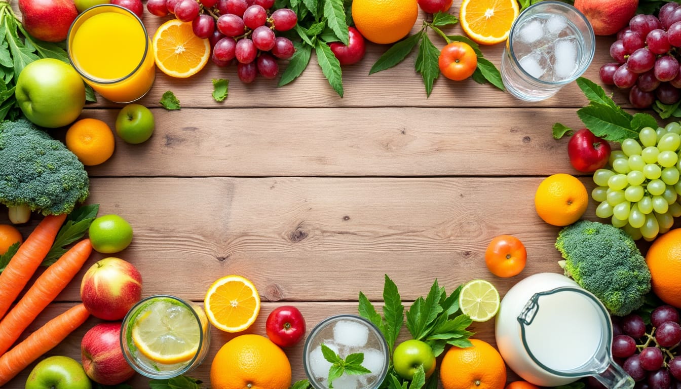 Fruits, legumes, jus frais et eau citronnee disposes sur une table en bois