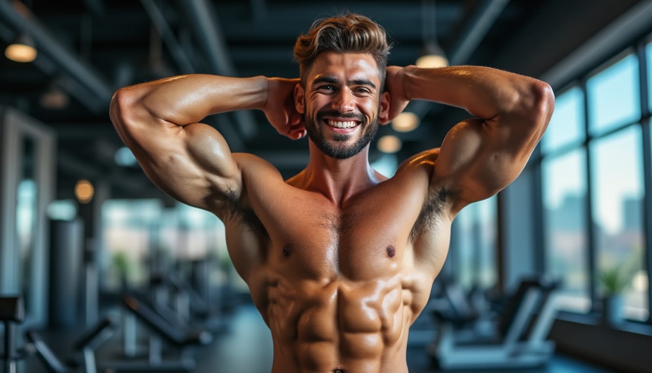 Homme muscle torse nu souriant mains derriere la tete dans une salle de sport