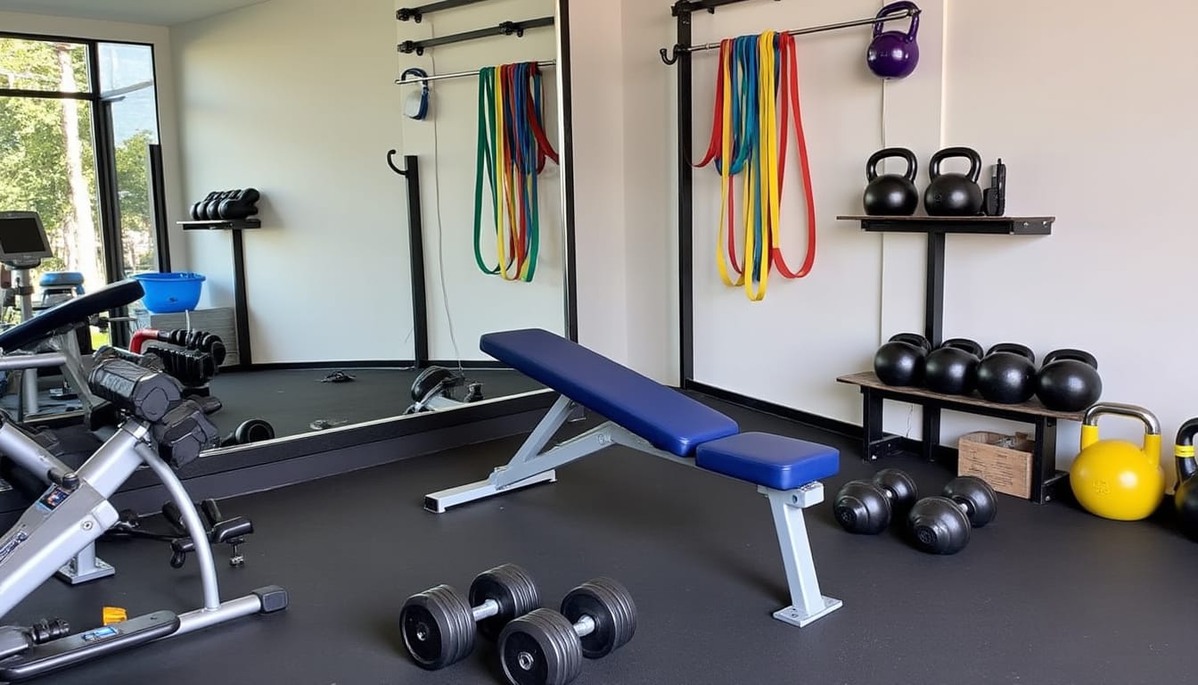 Salle d'entrainement avec banc de musculation, halteres, bandes elastiques et kettlebells