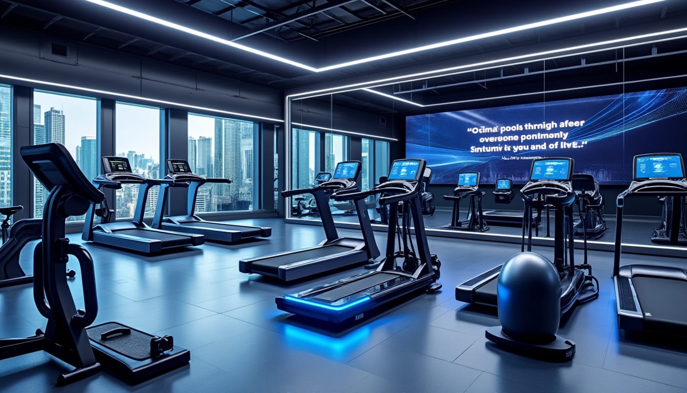 Salle de sport futuriste sombre avec tapis de course connectes et grand ecran bleu