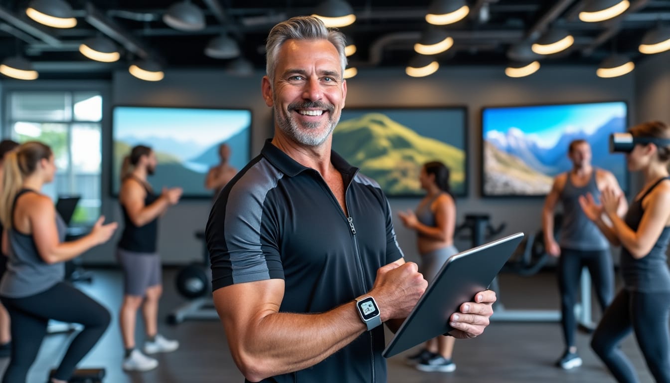 Coach sportif souriant tenant une tablette dans une salle high-tech avec ecrans