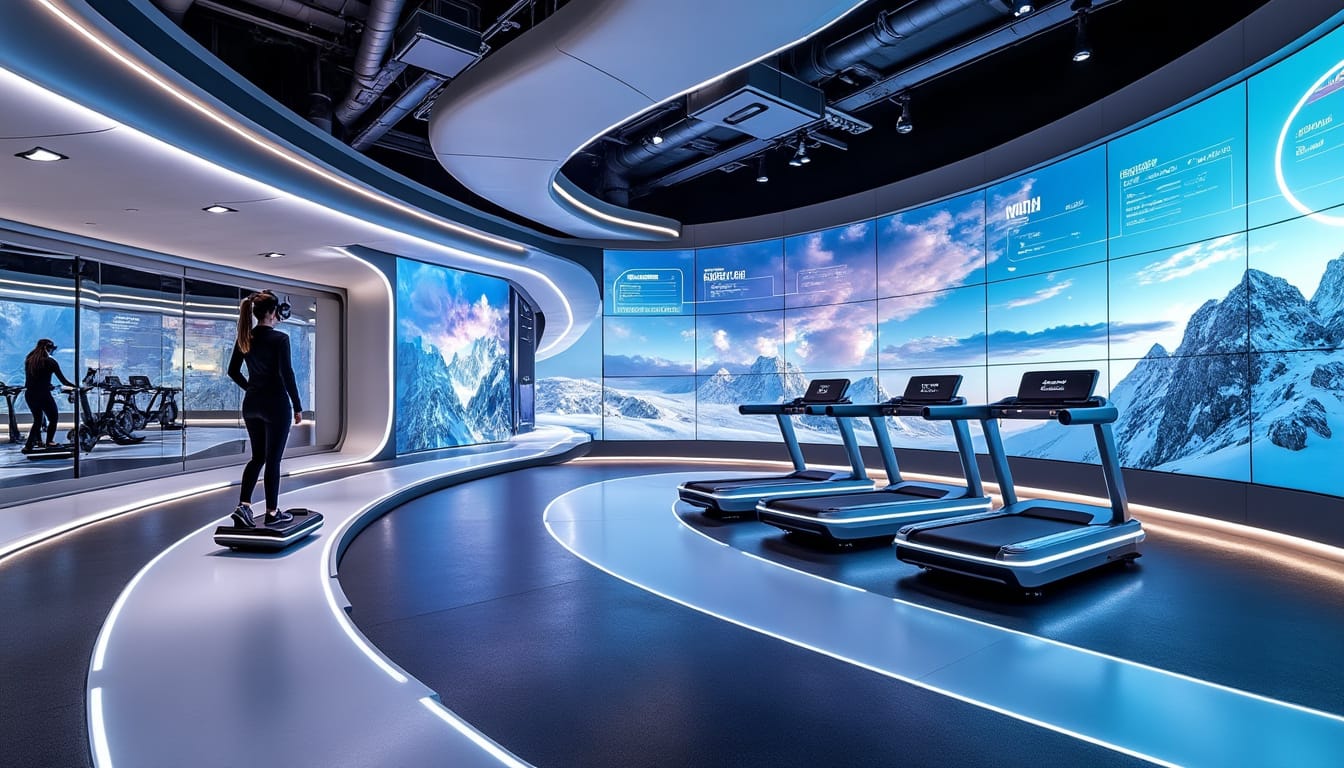 Salle de sport immersive avec ecrans geants panoramiques affichant des montagnes enneigees