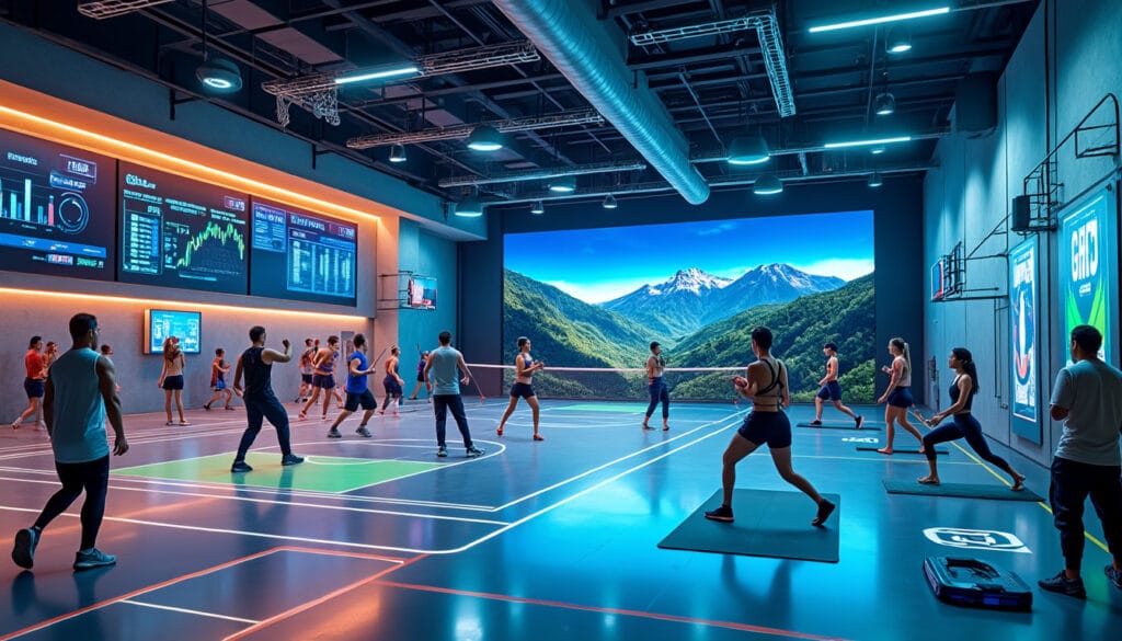 Salle multisport connectee avec ecrans de donnees et grand ecran paysage montagneux
