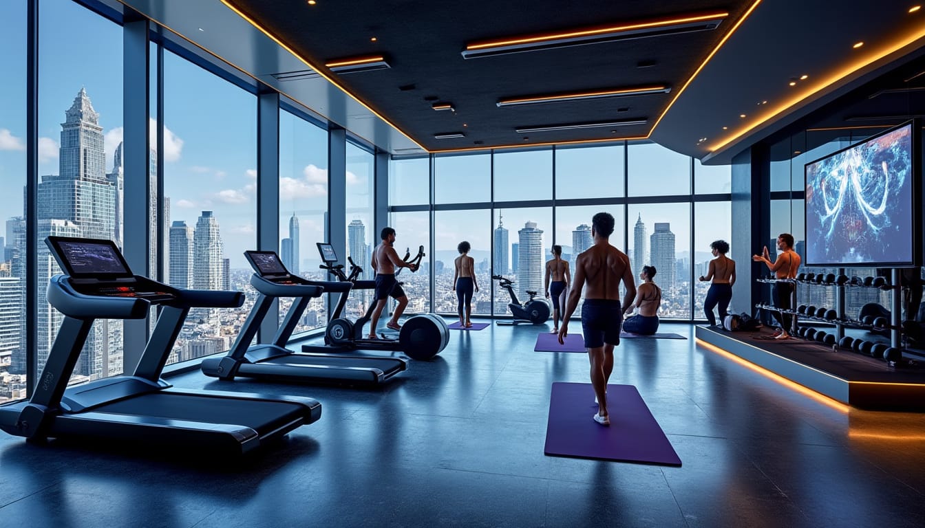 Salle de sport panoramique en hauteur avec vue sur une skyline urbaine et tapis de course