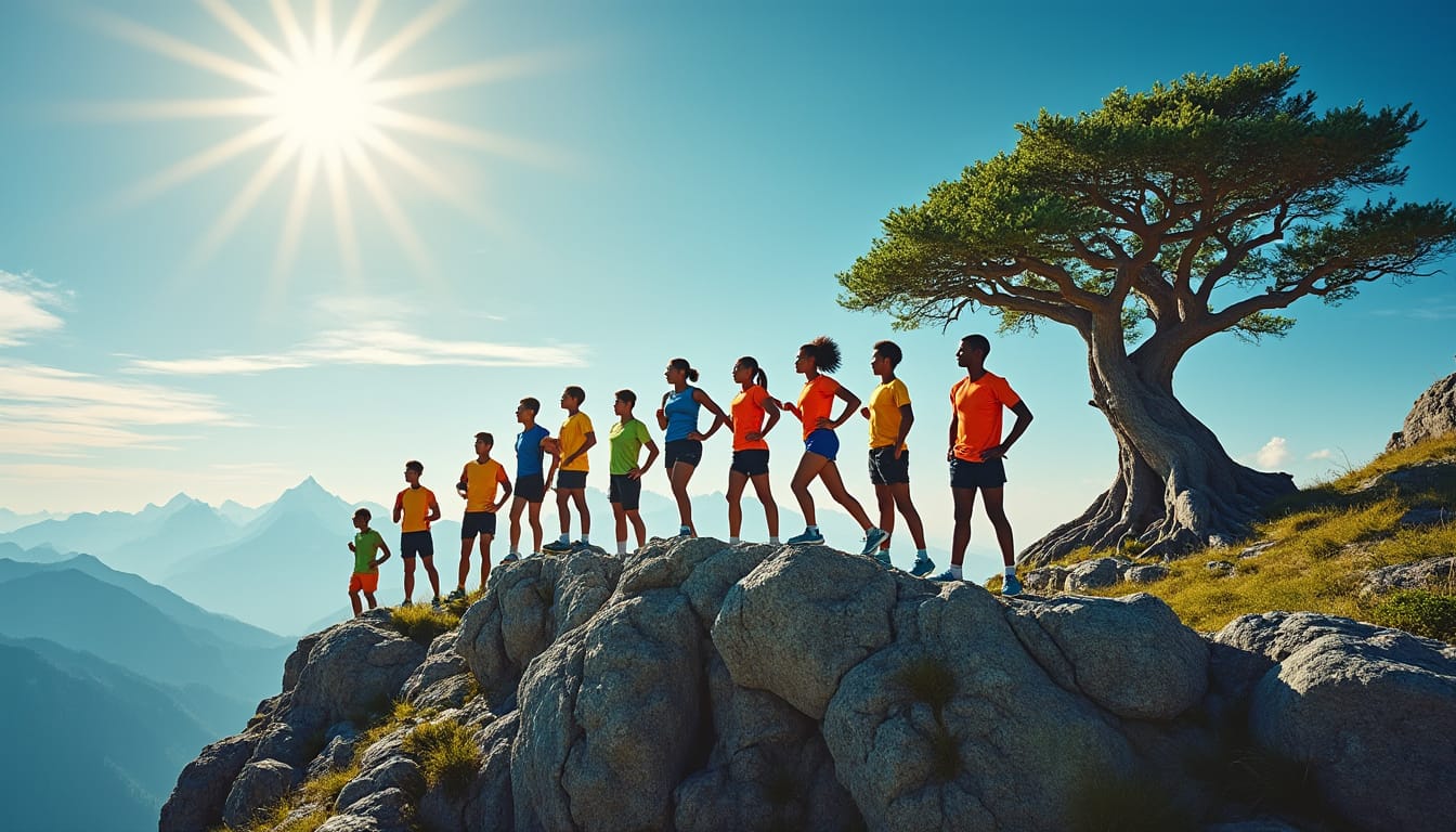 Groupe de sportifs en tenues colorees alignes au sommet d'une montagne ensoleillee