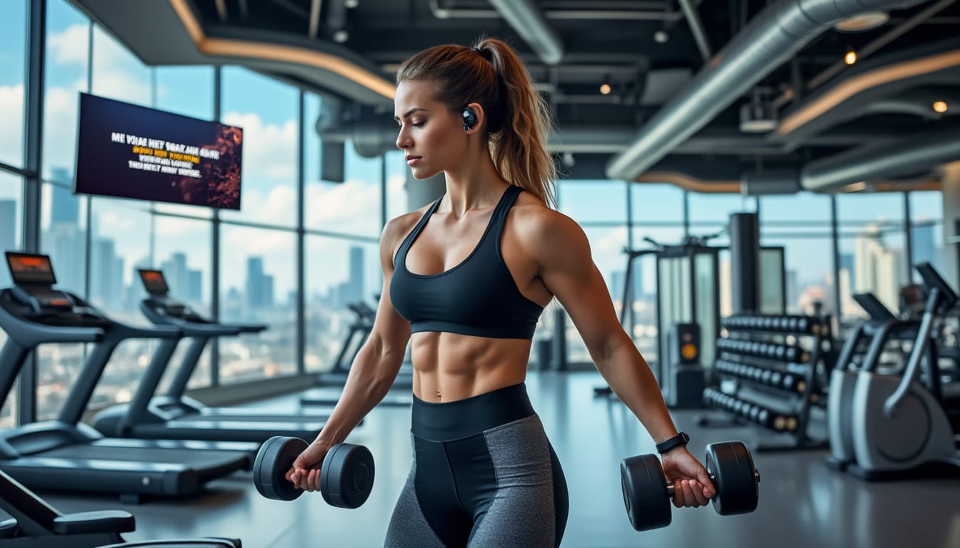 Femme sportive avec ecouteurs soulevant des halteres dans une salle de sport moderne