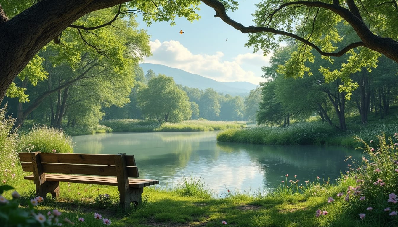 Banc en bois au bord d'un etang paisible entoure d'arbres verdoyants et de fleurs