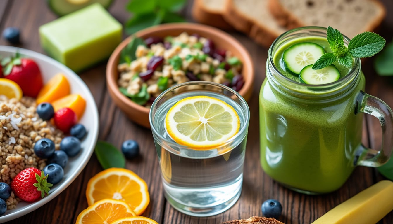 Smoothie vert, eau citronnee, fruits frais et salade sur table en bois