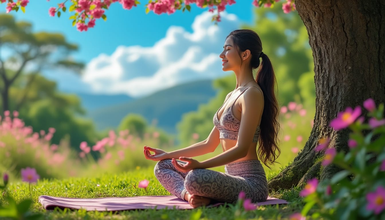 Femme meditant en position du lotus sous un arbre fleuri dans un jardin paisible
