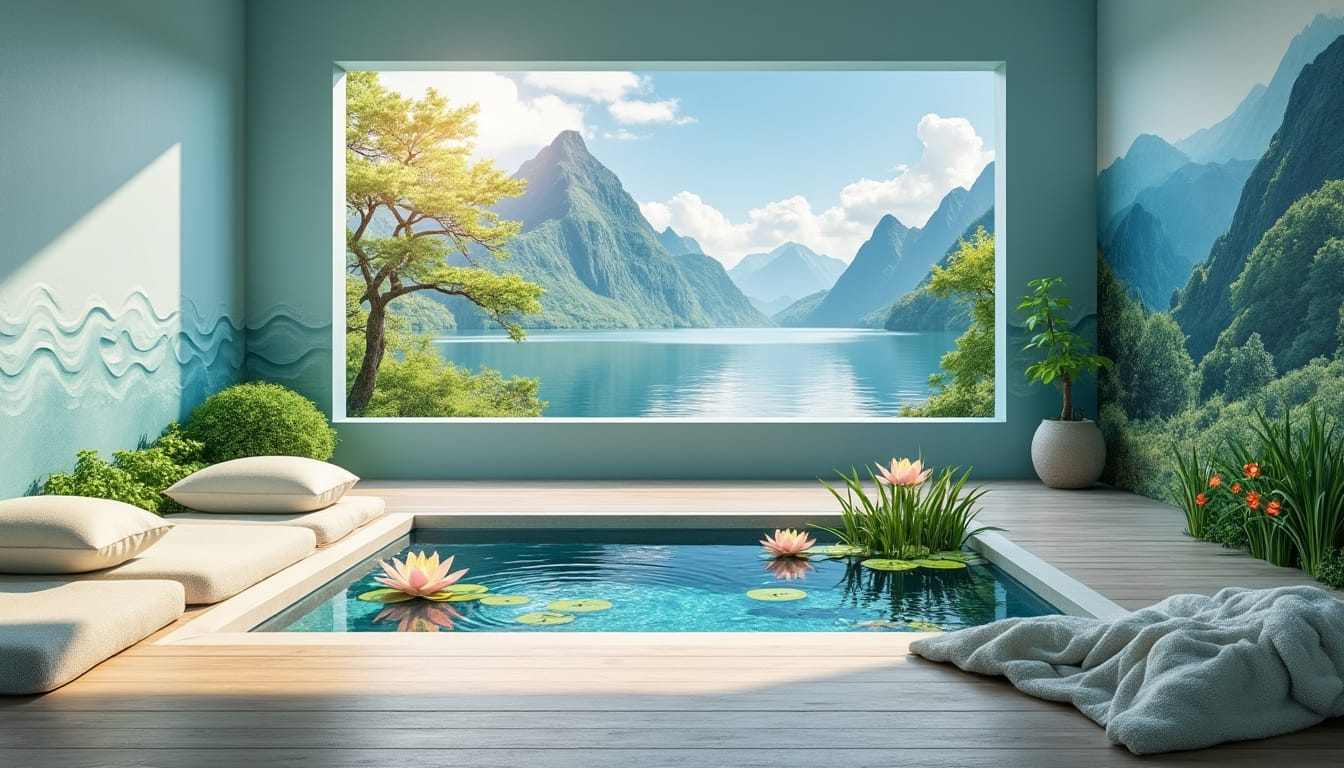Espace zen avec bassin de nenuphars, coussins et vue panoramique sur lac et montagnes