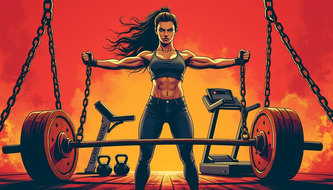 Illustration d'une athlete musculee tenant une barre et des chaines dans une salle