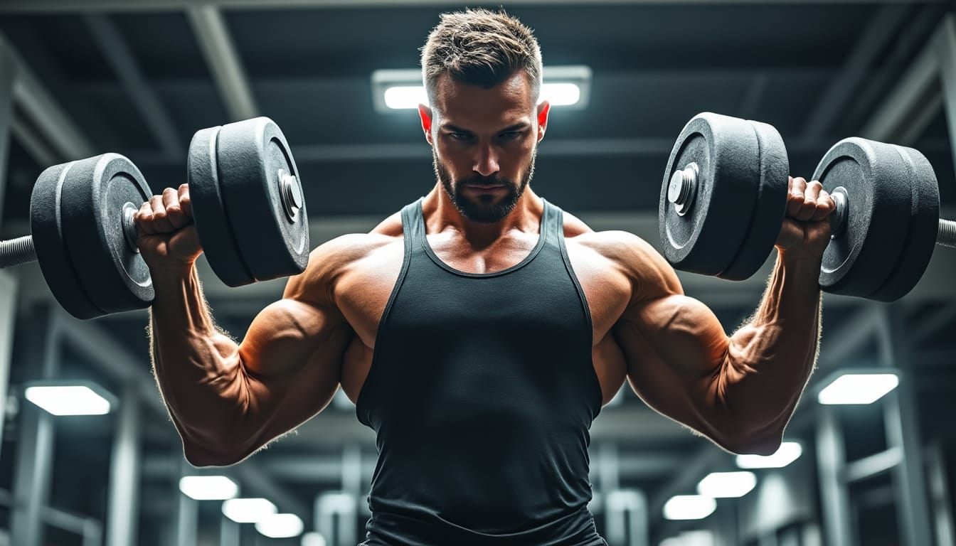 Homme muscle soulevant deux halteres lourds dans une salle de sport