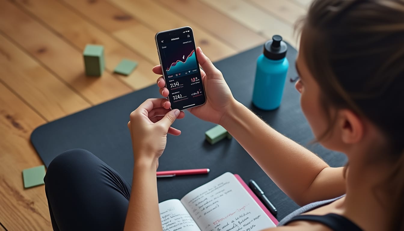 Femme consultant une application fitness sur son smartphone avec carnet et gourde