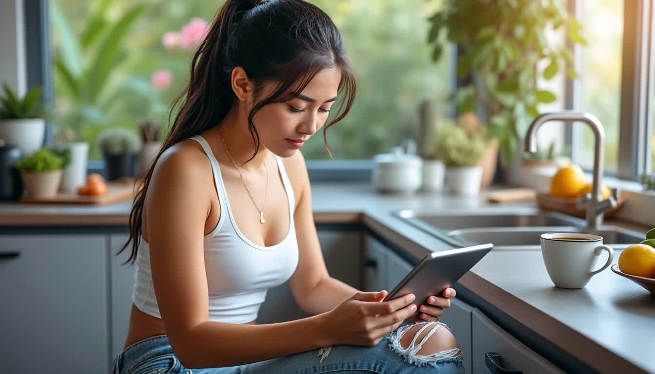 Jeune femme lisant sur une tablette dans une cuisine lumineuse