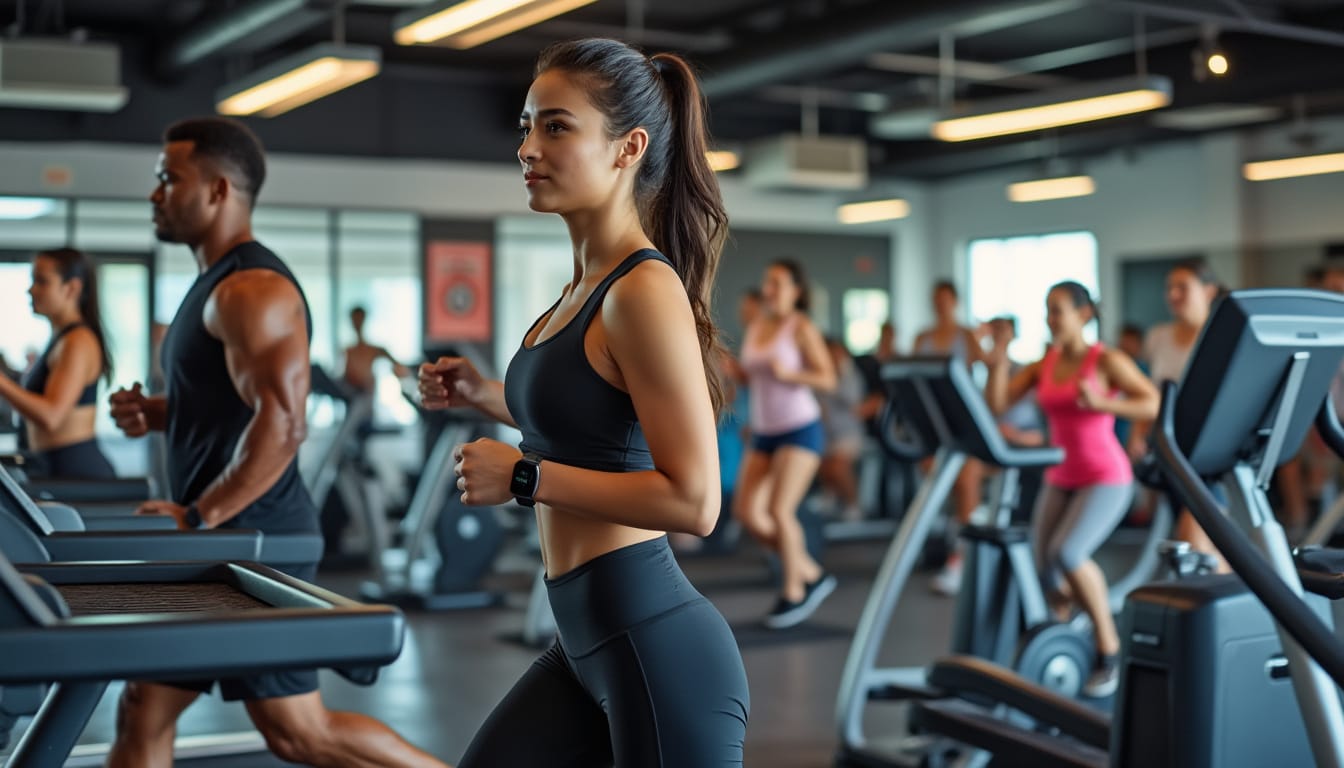 Groupe de personnes courant sur des tapis roulants dans une salle de fitness