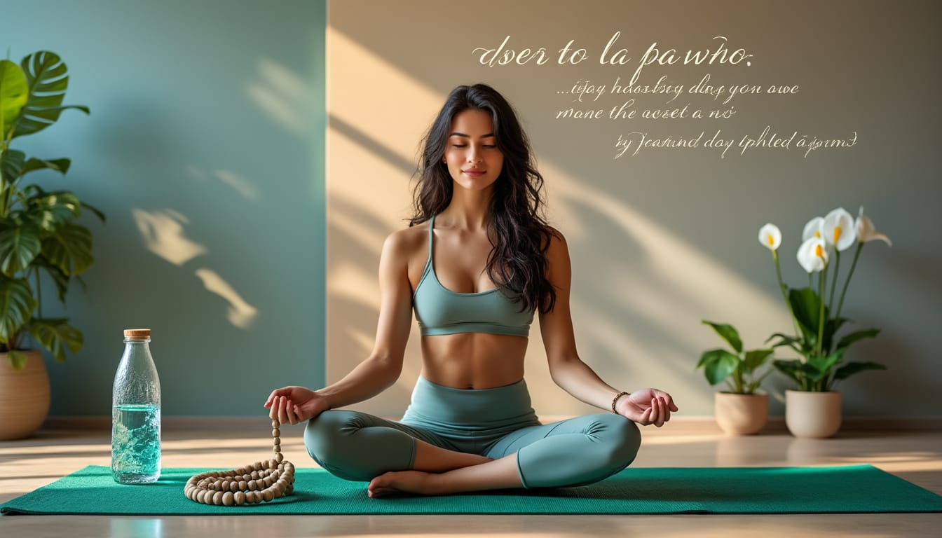 Femme assise en meditation sur un tapis avec bouteille d'eau et plantes