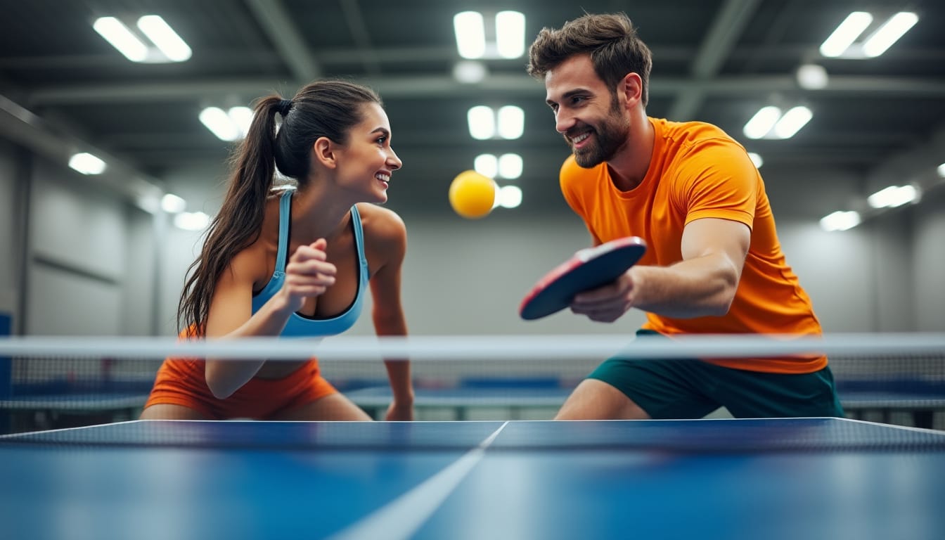 Couple souriant jouant au ping-pong dans une salle couverte