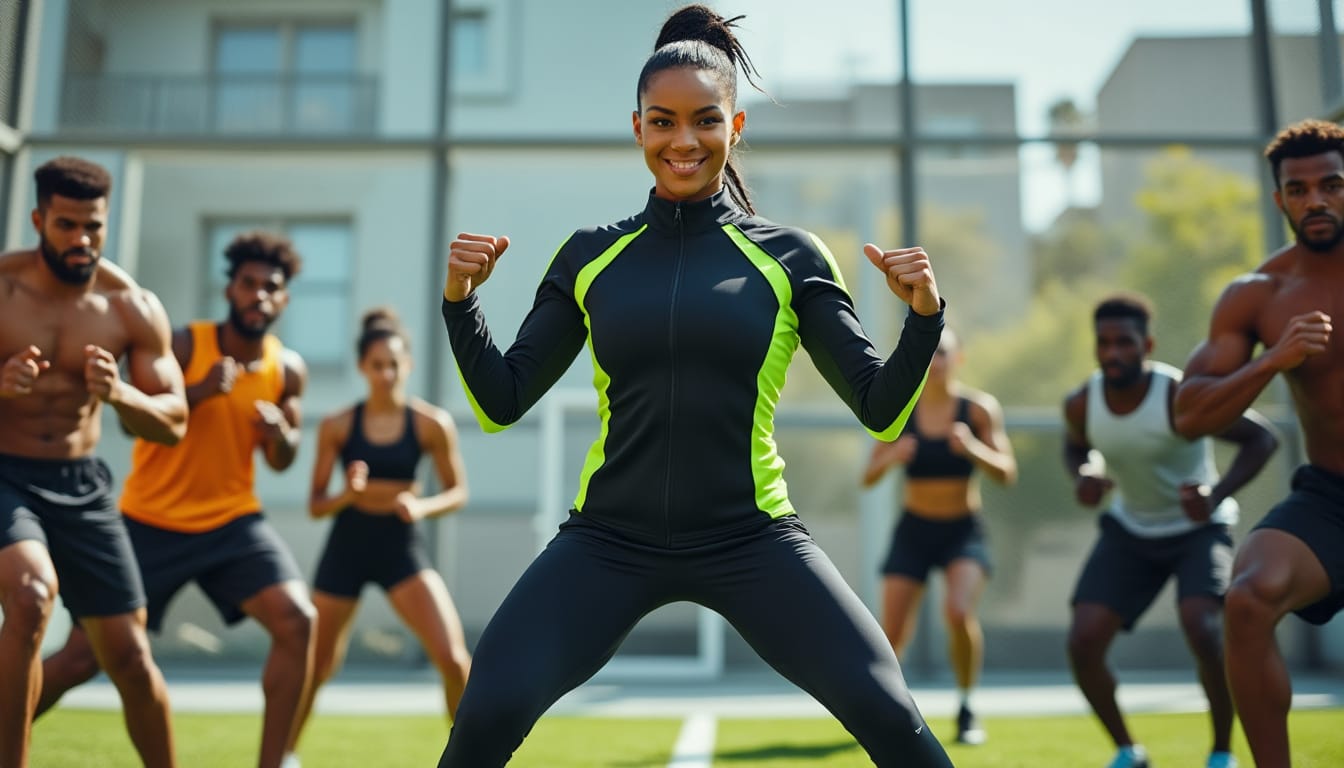 Coach femme menant un cours de fitness en groupe en exterieur
