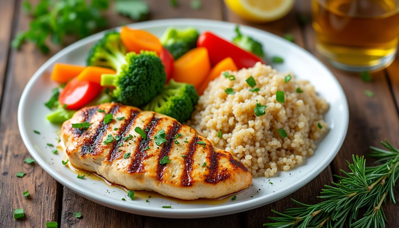 Assiette de poulet grille avec quinoa, brocoli et legumes colores