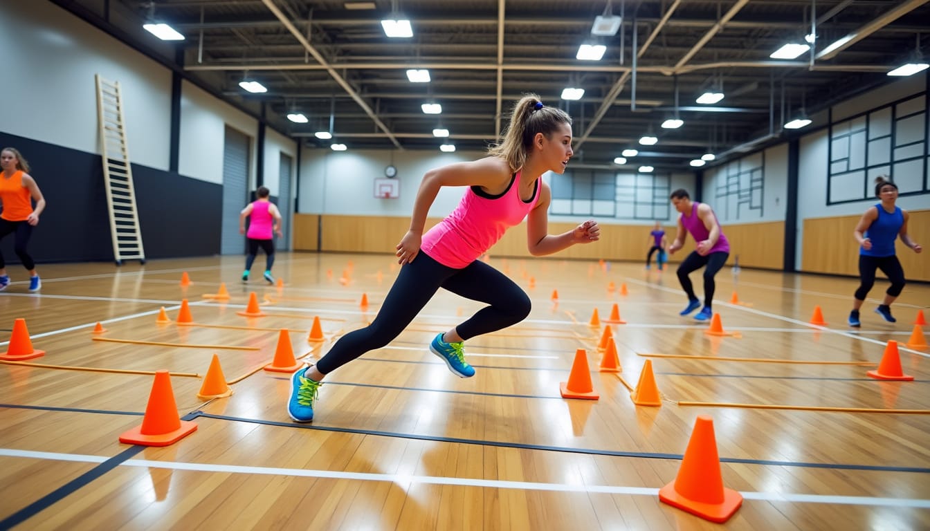 Sportifs courant entre des plots orange dans un gymnase