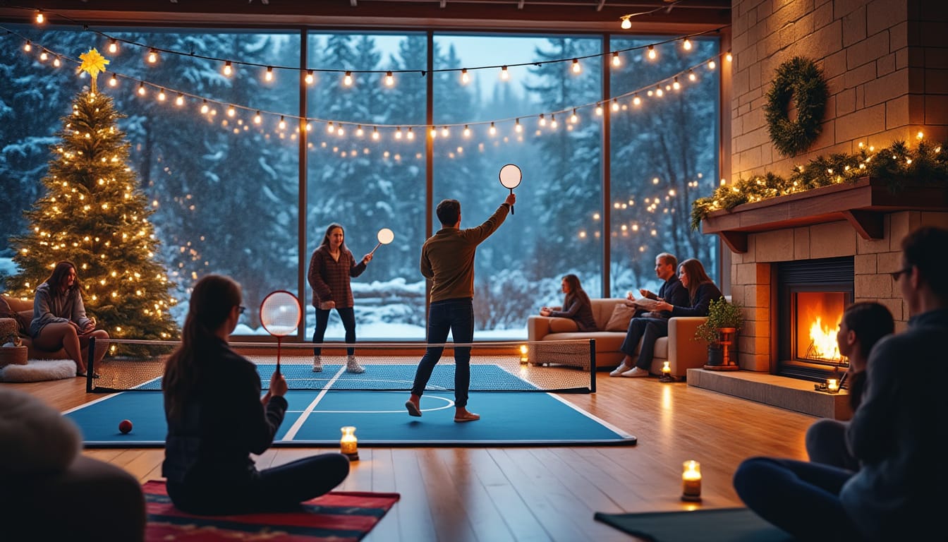 Couple jouant au badminton dans un salon decore pour les fetes avec sapin et cheminee