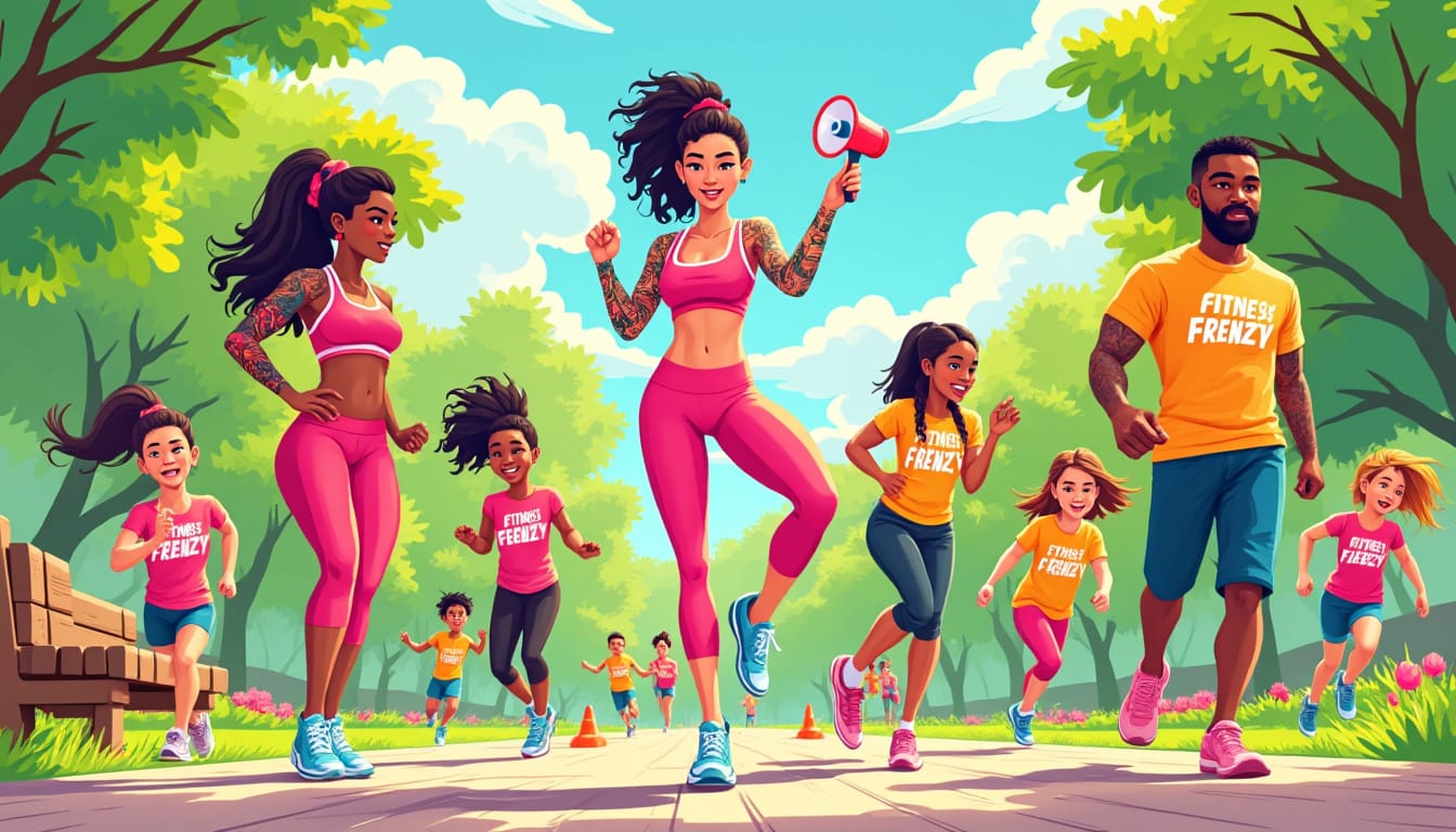 Illustration d'adultes et enfants courant dans un parc avec megaphone