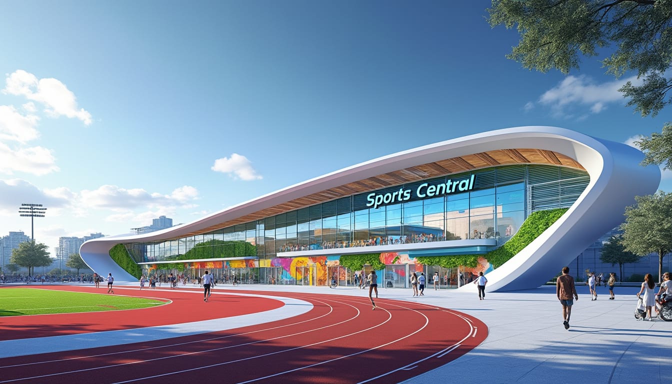 Complexe sportif moderne avec piste d'athletisme et facade vitree