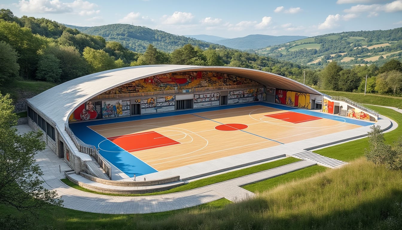 Gymnase couvert avec terrain de basket-ball colore vu du ciel dans un cadre verdoyant