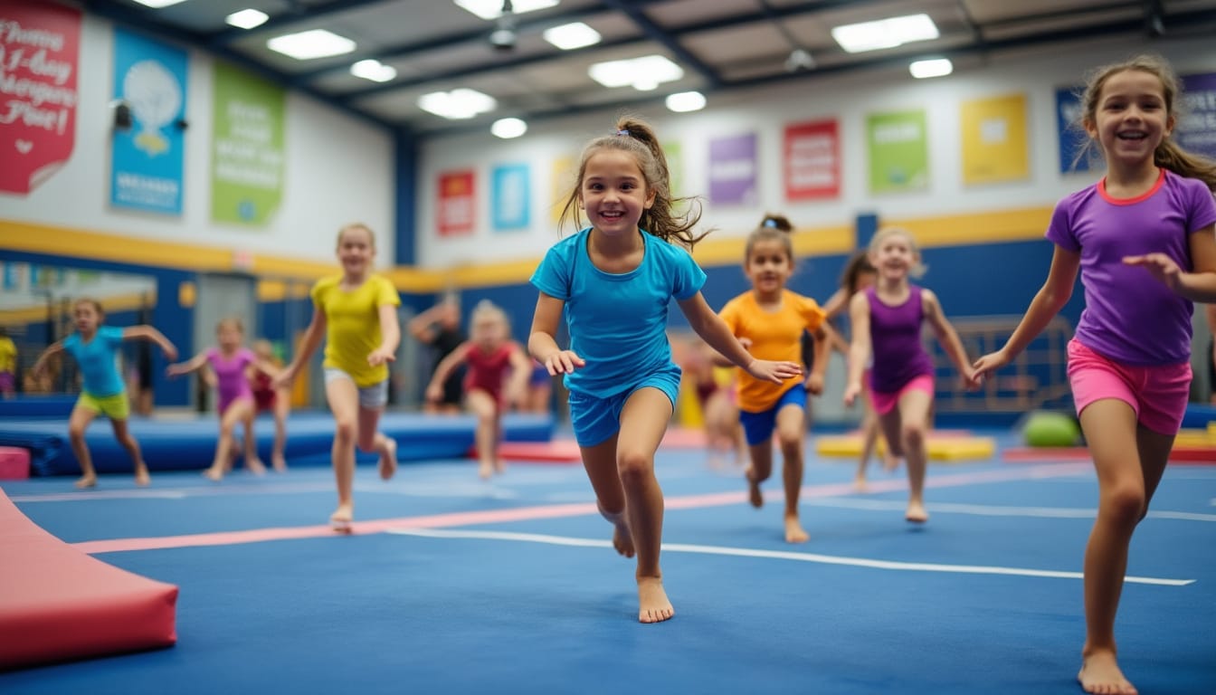 Enfants joyeux courant pieds nus sur des tapis de gymnastique dans une salle