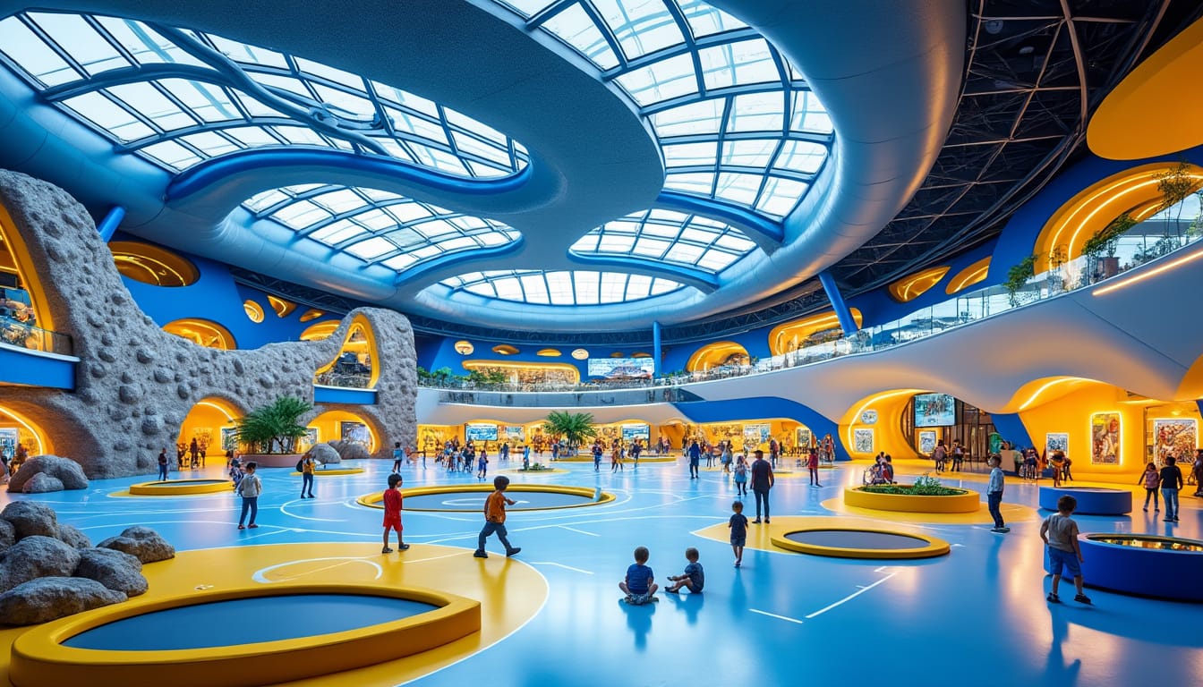 Grand espace ludique futuriste avec enfants jouant sous un toit de verre
