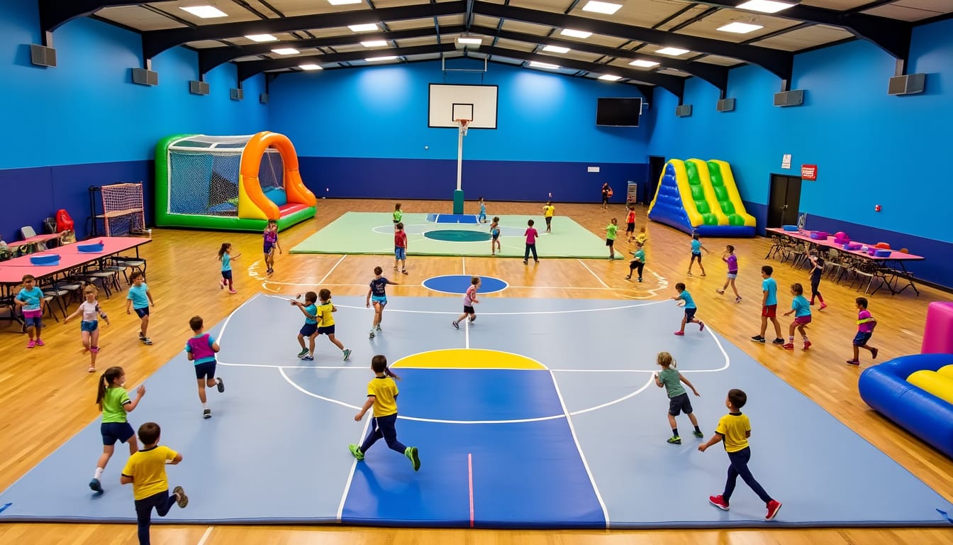 Enfants jouant dans un gymnase avec structures gonflables et panier de basket