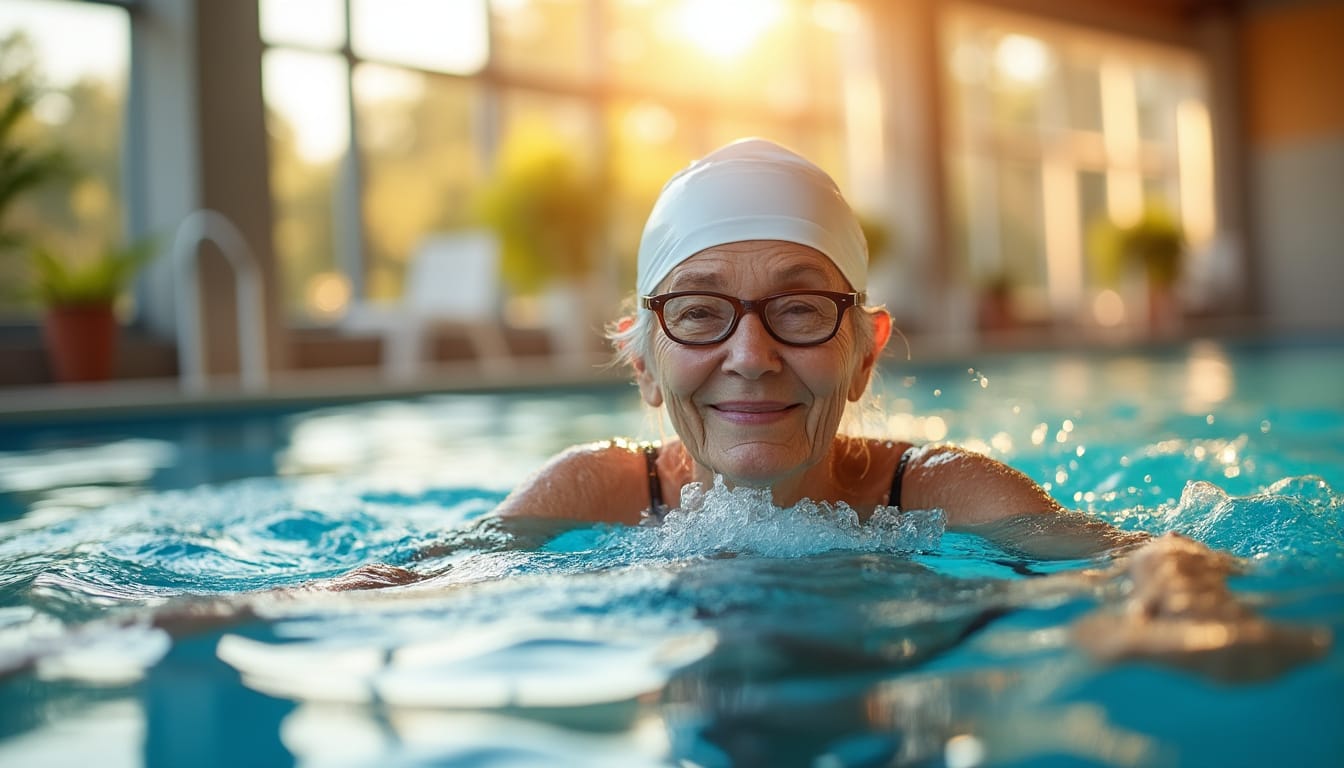 Femme agee souriante nageant avec bonnet et lunettes dans une piscine interieure