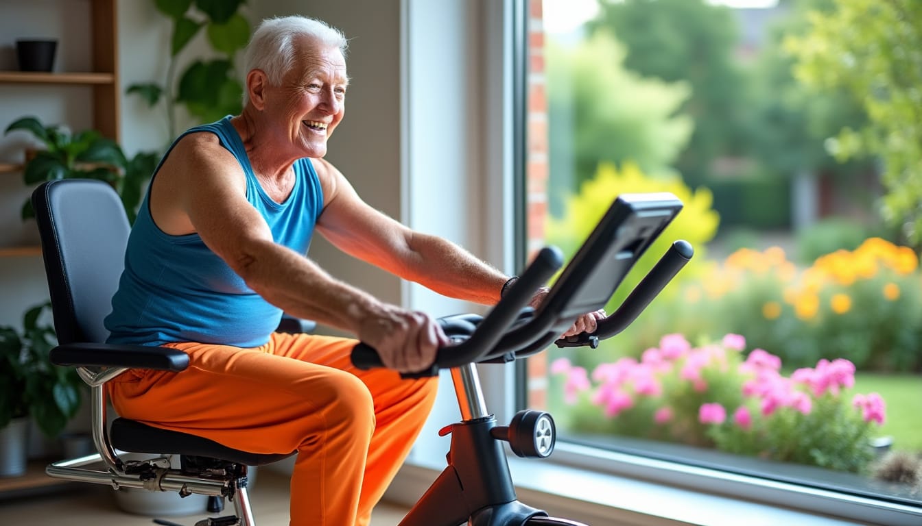 Homme age souriant pedalant sur un velo d'appartement pres d'une fenetre fleurie