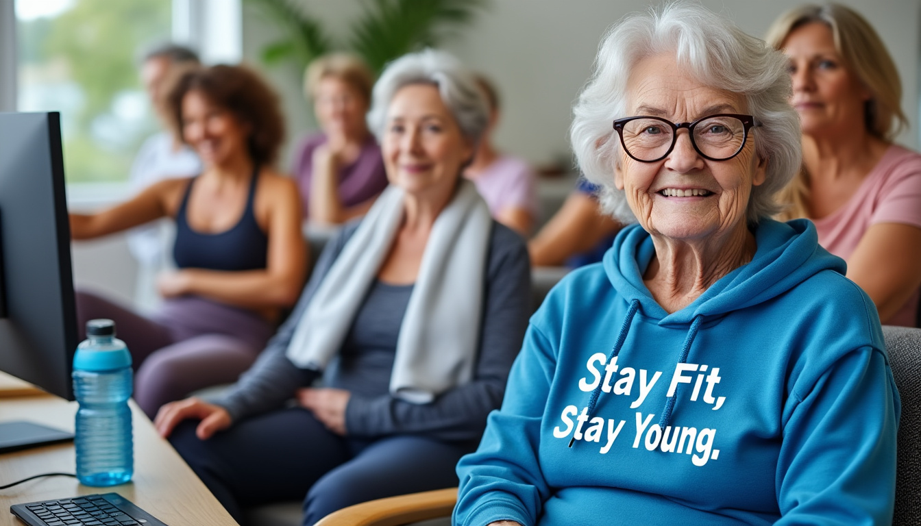 Groupe de seniors assis sur des ballons de gym avec une femme agee souriante au premier plan