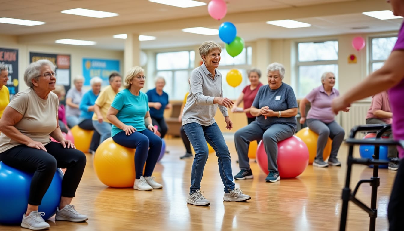 Seniors faisant de la gym douce sur des ballons dans une salle avec ballons colores