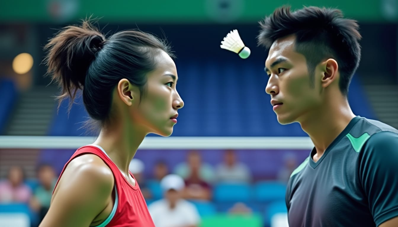 Deux joueurs de badminton face a face avec un volant entre eux