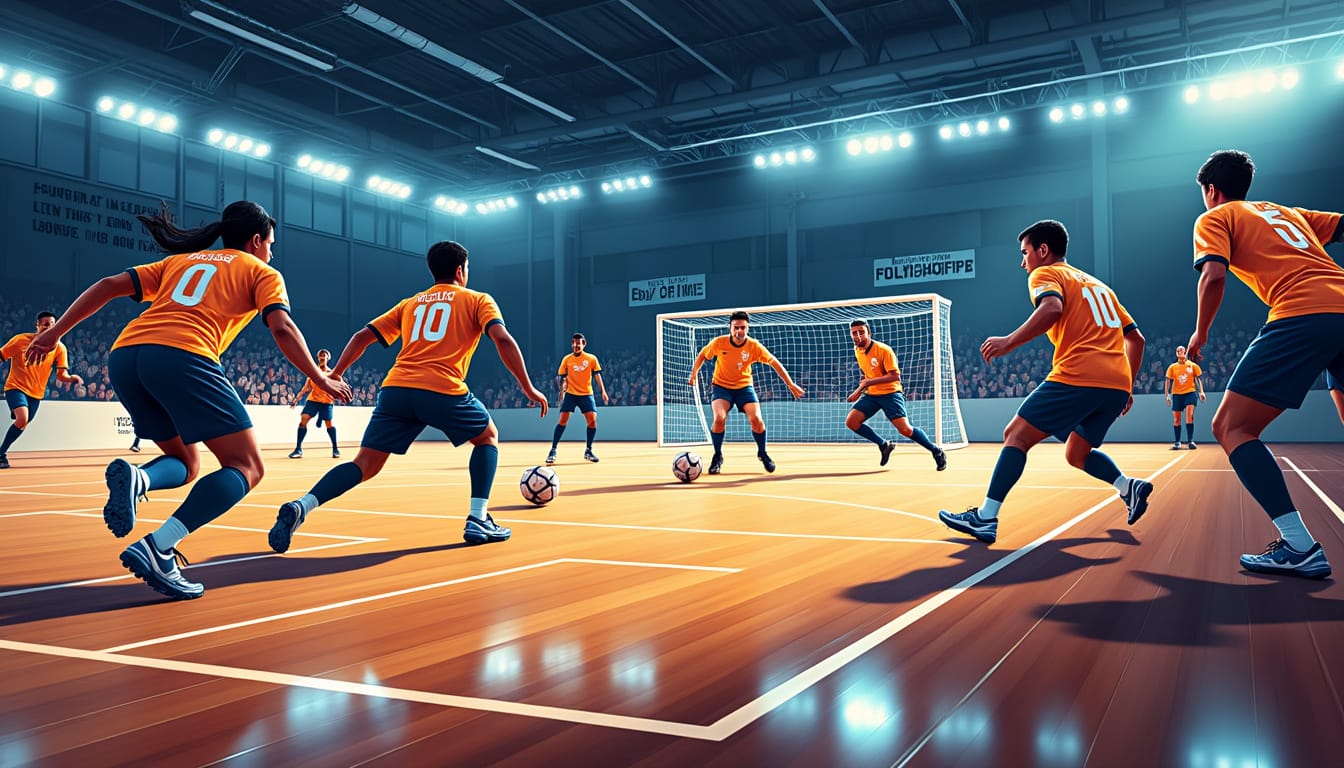 Illustration d'une equipe jouant au futsal en salle sous les projecteurs