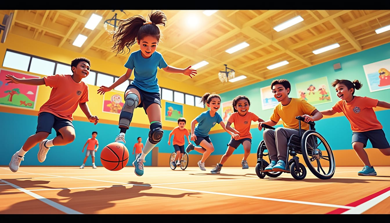 Illustration d'enfants jouant au basket inclusif avec fauteuil roulant dans un gymnase