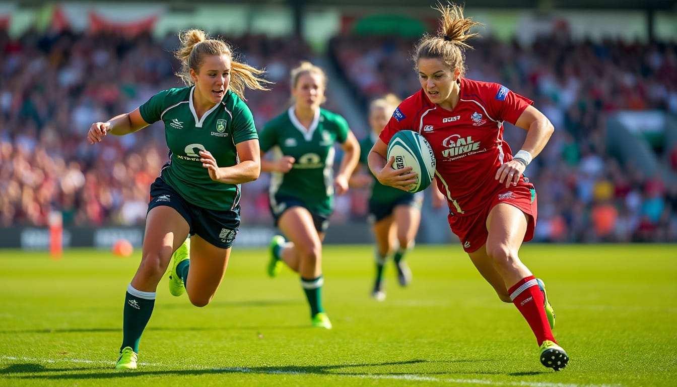Joueuses de rugby feminin en pleine course avec le ballon